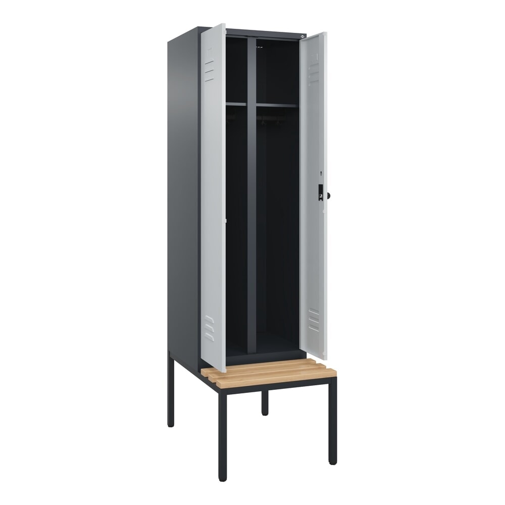 C+P Schwarz-Weiss-Spind Classic PLUS, 2 Abteile, HxBxT 2.120 x 600 x 815 mm, für Vorhängeschloss, untergebaute Bank aus Buche, anthrazitgrau, lichtgrau