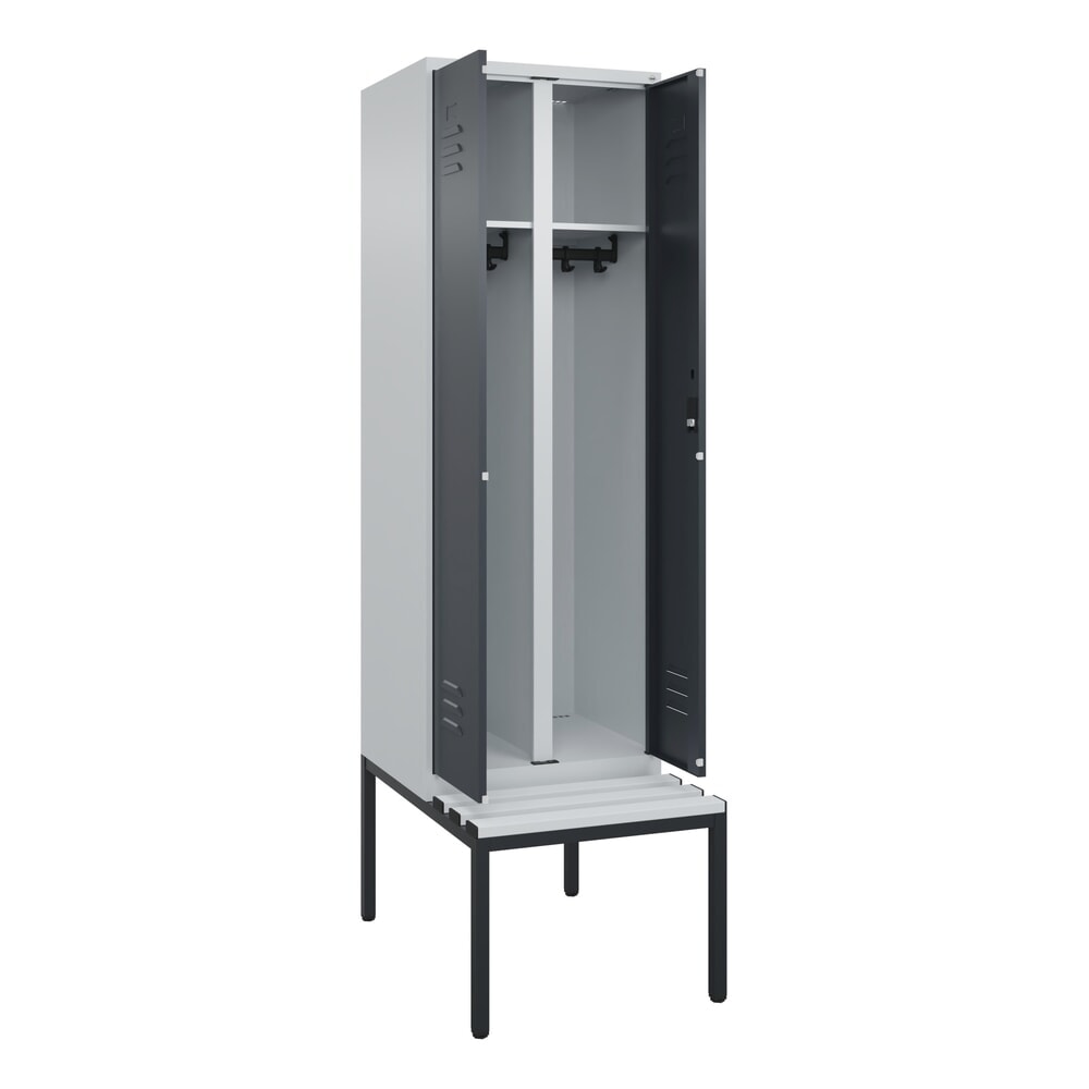 C+P Schwarz-Weiss-Spind Classic PLUS, 2 Abteile, HxBxT 2.120 x 600 x 815 mm, Zylinderschloss, untergebaute Bank aus Kunststoff, lichtgrau, anthrazitgrau