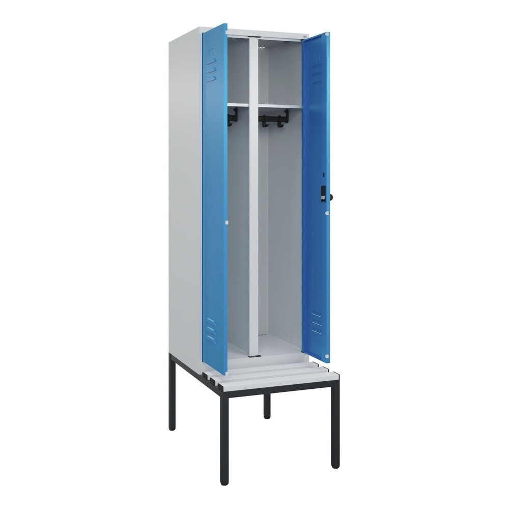 C+P Schwarz-Weiss-Spind Classic PLUS, 2 Abteile, HxBxT 2.120 x 600 x 815 mm, für Vorhängeschloss, untergebaute Bank aus Kunststoff, lichtgrau, lichtblau