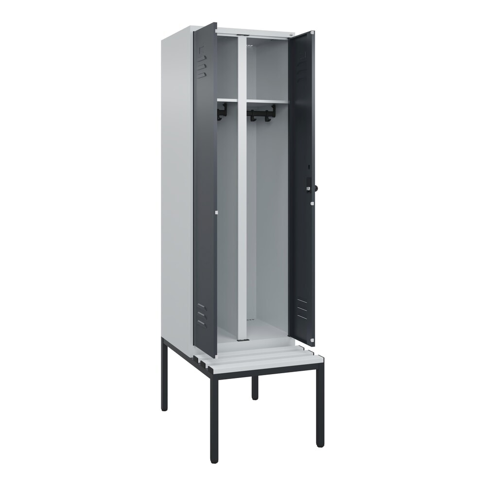 C+P Schwarz-Weiß-Spind Classic PLUS, 2 Abteile, HxBxT 2.120 x 600 x 815 mm, für Vorhängeschloss, untergebaute Bank aus Kunststoff, lichtgrau, anthrazitgrau