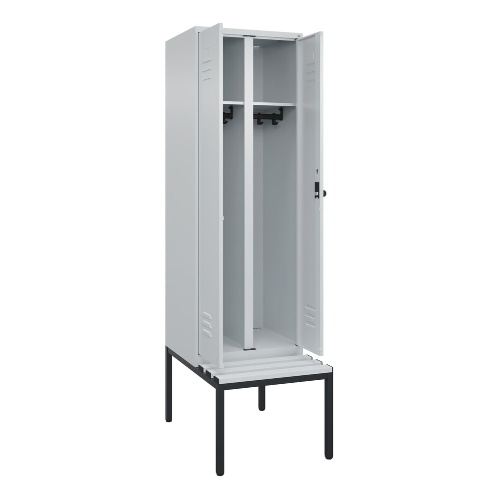 C+P Schwarz-Weiss-Spind Classic PLUS, 2 Abteile, HxBxT 2.120 x 600 x 815 mm, für Vorhängeschloss, untergebaute Bank aus Kunststoff, lichtgrau, lichtgrau