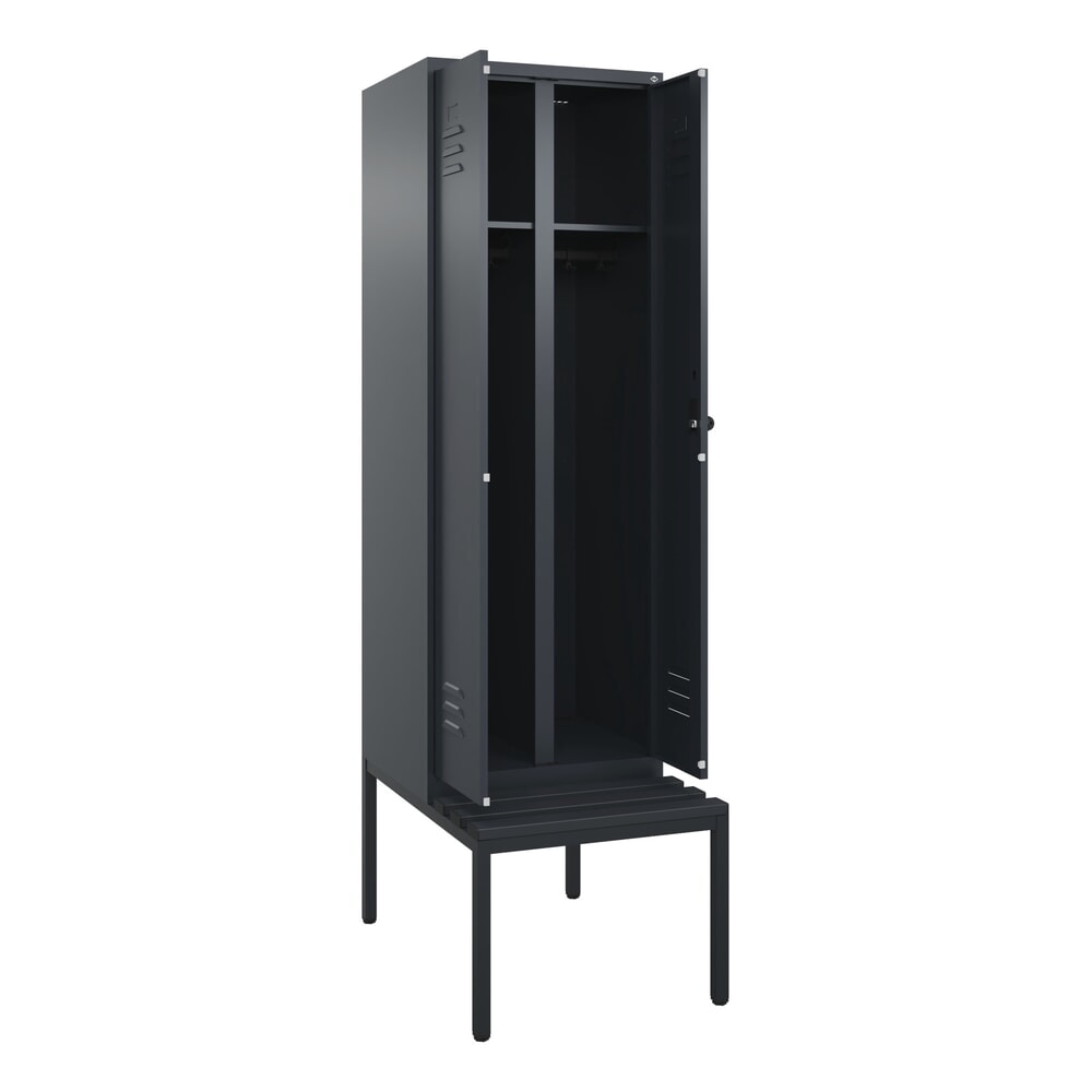 C+P Schwarz-Weiß-Spind Classic PLUS, 2 Abteile, HxBxT 2.120 x 600 x 815 mm, für Vorhängeschloss, untergebaute Bank aus Kunststoff, anthrazitgrau, anthrazitgrau