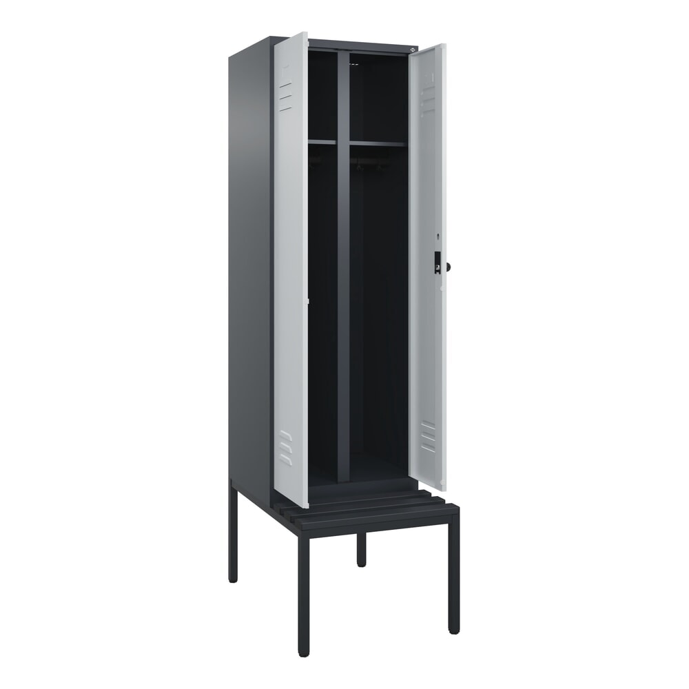 C+P Schwarz-Weiss-Spind Classic PLUS, 2 Abteile, HxBxT 2.120 x 600 x 815 mm, für Vorhängeschloss, untergebaute Bank aus Kunststoff, anthrazitgrau, lichtgrau
