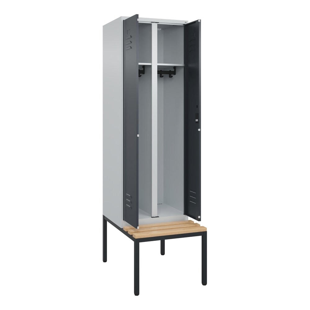 C+P Schwarz-Weiss-Spind Classic PLUS, 2 Abteile, HxBxT 2.120 x 600 x 815 mm, Zylinderschloss, untergebaute Bank aus Buche, lichtgrau, anthrazitgrau