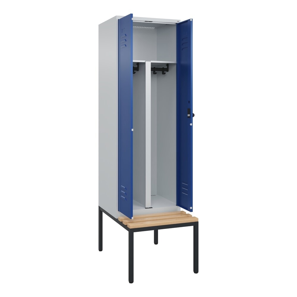 C+P PSA Doppel-Spind Classic PLUS, 2 Abteile, HxBxT 2.120 x 600 x 815 mm, für Vorhängeschloss, untergebaute Bank aus Buche, lichtgrau, enzianblau