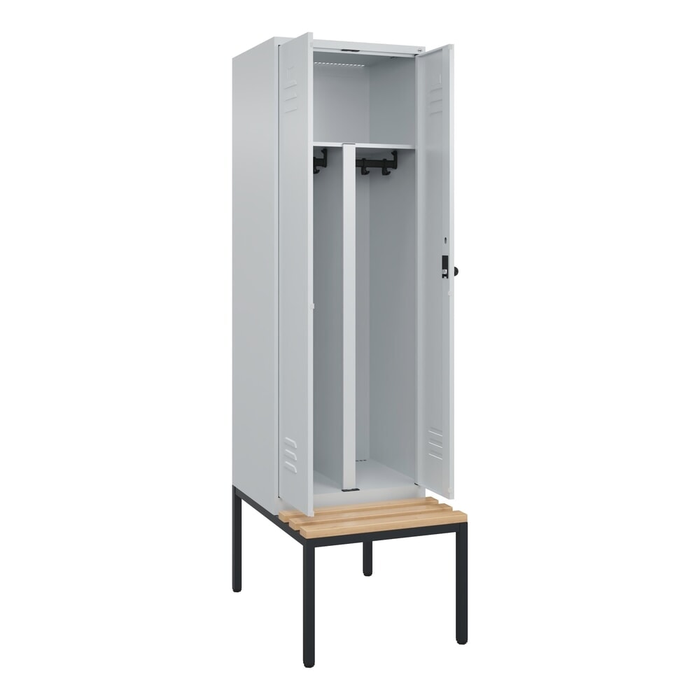 C+P PSA Doppel-Spind Classic PLUS, 2 Abteile, HxBxT 2.120 x 600 x 815 mm, für Vorhängeschloss, untergebaute Bank aus Buche, lichtgrau, lichtgrau