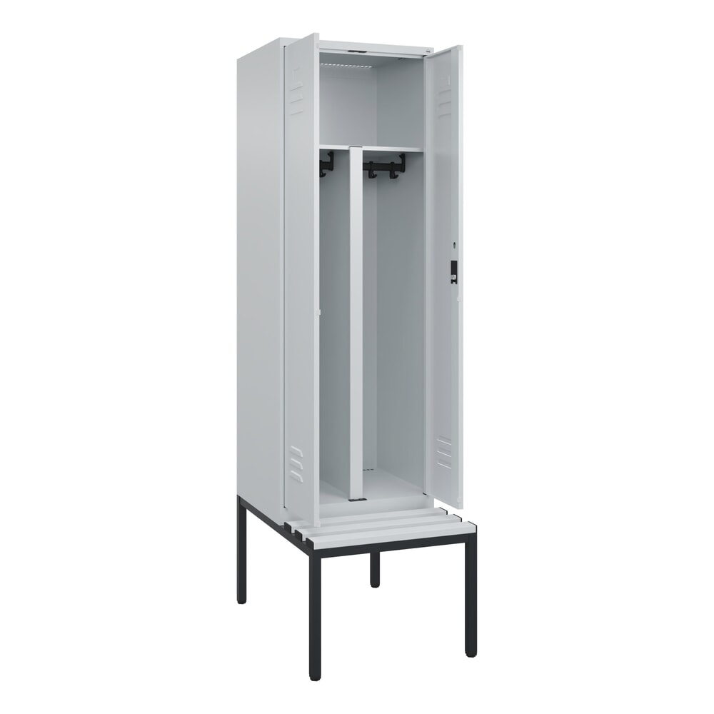 C+P PSA Doppel-Spind Classic PLUS, 2 Abteile, HxBxT 2.120 x 600 x 815 mm, Zylinderschloss, untergebaute Bank aus Kunststoff, lichtgrau, lichtgrau