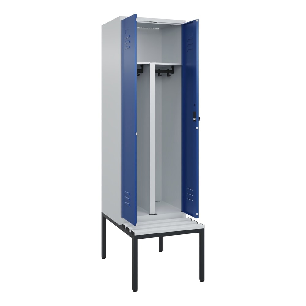 C+P PSA Doppel-Spind Classic PLUS, 2 Abteile, HxBxT 2.120 x 600 x 815 mm, für Vorhängeschloss, untergebaute Bank aus Kunststoff, lichtgrau, enzianblau