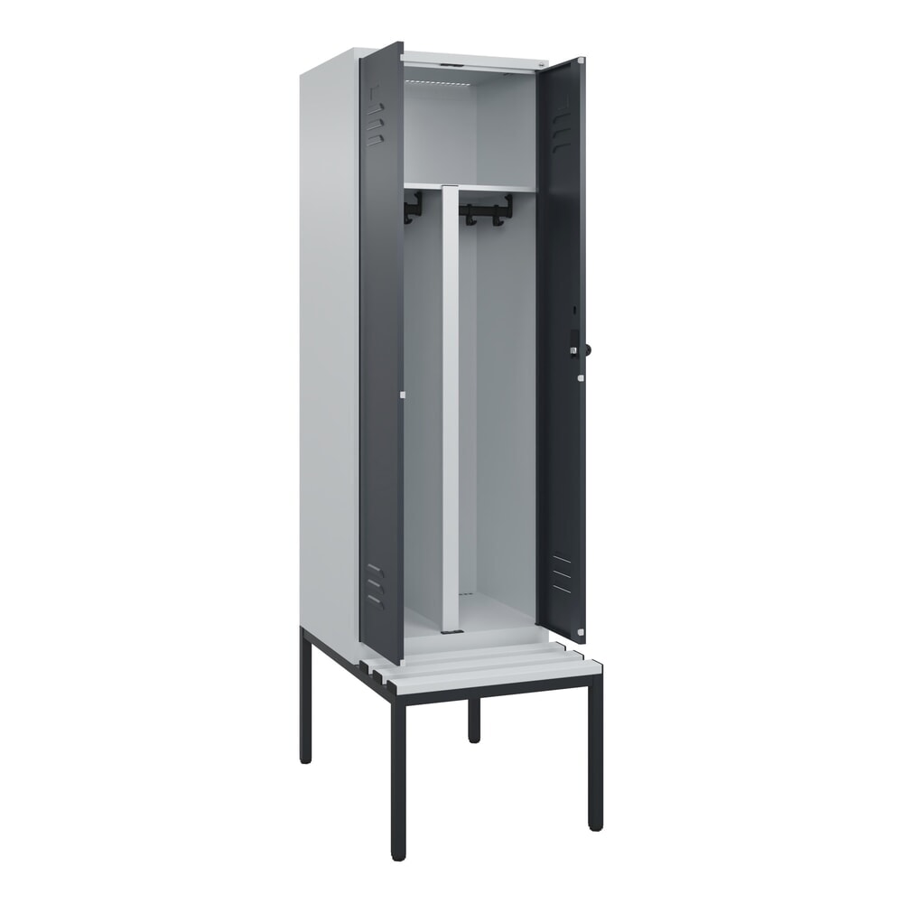 C+P PSA Doppel-Spind Classic PLUS, 2 Abteile, HxBxT 2.120 x 600 x 815 mm, für Vorhängeschloss, untergebaute Bank aus Kunststoff, lichtgrau, anthrazitgrau