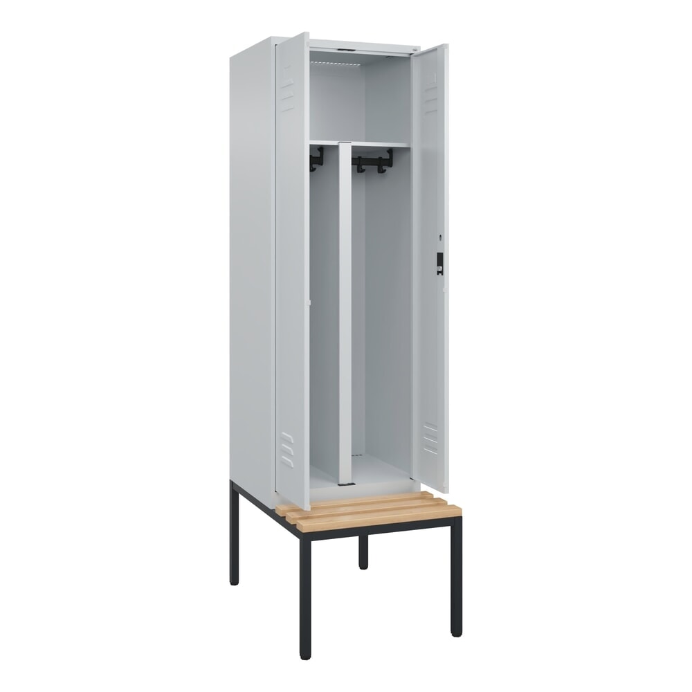 C+P PSA Doppel-Spind Classic PLUS, 2 Abteile, HxBxT 2.120 x 600 x 815 mm, Zylinderschloss, untergebaute Bank aus Buche, lichtgrau, lichtgrau