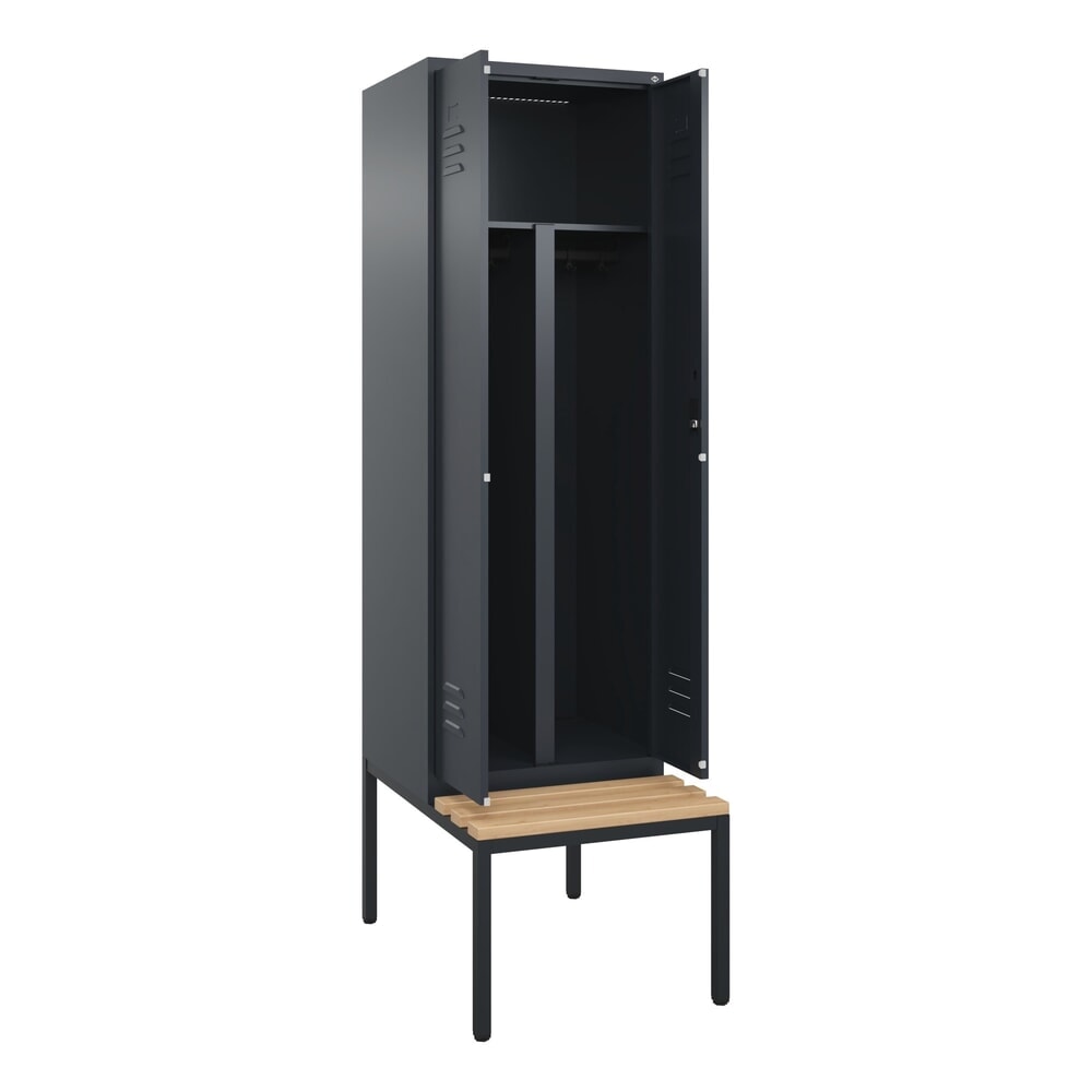C+P PSA Doppel-Spind Classic PLUS, 2 Abteile, HxBxT 2.120 x 600 x 815 mm, Zylinderschloss, untergebaute Bank aus Buche, anthrazitgrau, anthrazitgrau