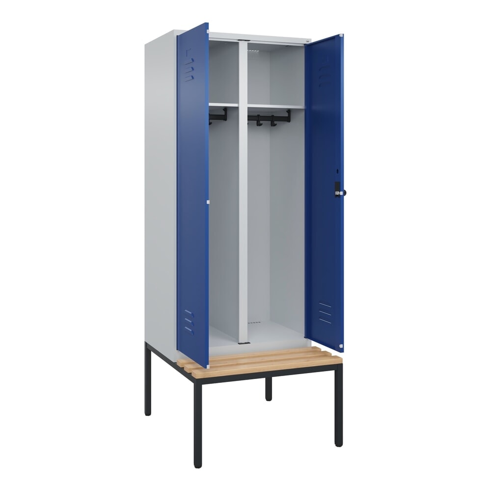 C+P Schwarz-Weiss-Spind Classic PLUS, 2 Abteile, HxBxT 2.120 x 800 x 815 mm, für Vorhängeschloss, untergebaute Bank aus Buche, lichtgrau, enzianblau
