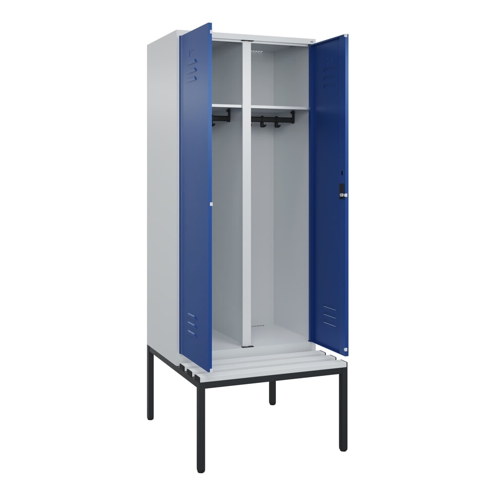 C+P Schwarz-Weiss-Spind Classic PLUS, 2 Abteile, HxBxT 2.120 x 800 x 815 mm, Zylinderschloss, untergebaute Bank aus Kunststoff, lichtgrau, enzianblau