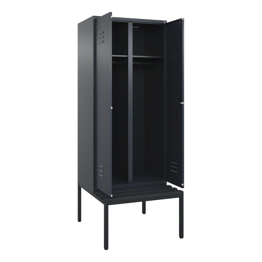 C+P Schwarz-Weiss-Spind Classic PLUS, 2 Abteile, HxBxT 2.120 x 800 x 815 mm, Zylinderschloss, untergebaute Bank aus Kunststoff, anthrazitgrau, anthrazitgrau