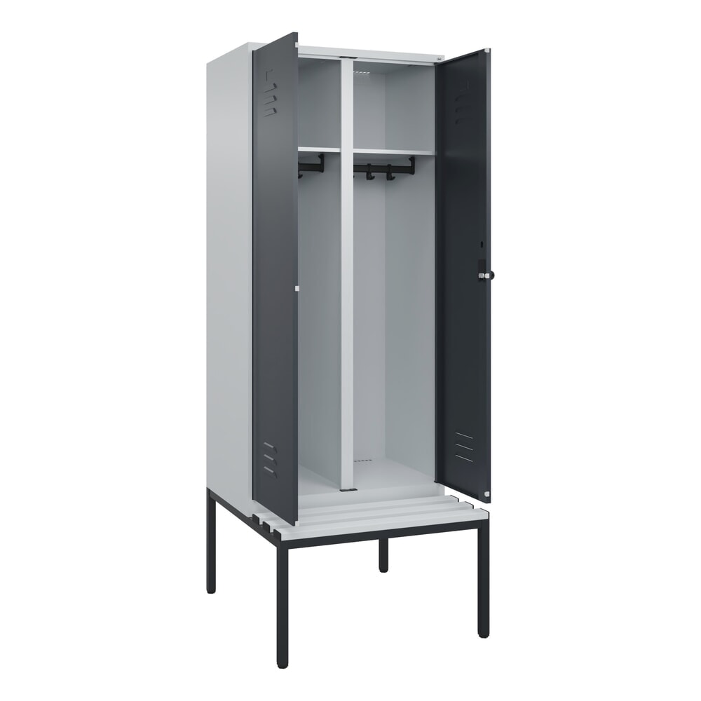 C+P Schwarz-Weiss-Spind Classic PLUS, 2 Abteile, HxBxT 2.120 x 800 x 815 mm, für Vorhängeschloss, untergebaute Bank aus Kunststoff, lichtgrau, anthrazitgrau
