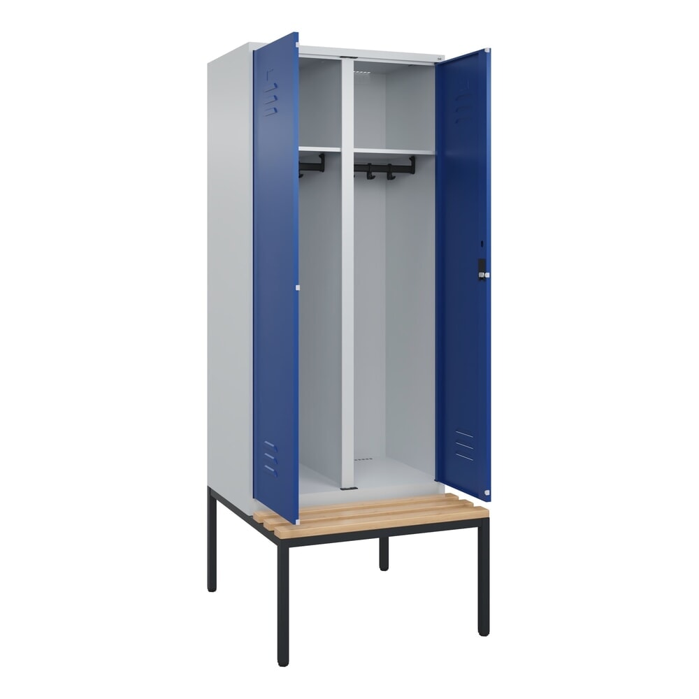 C+P Schwarz-Weiss-Spind Classic PLUS, 2 Abteile, HxBxT 2.120 x 800 x 815 mm, Zylinderschloss, untergebaute Bank aus Buche, lichtgrau, enzianblau