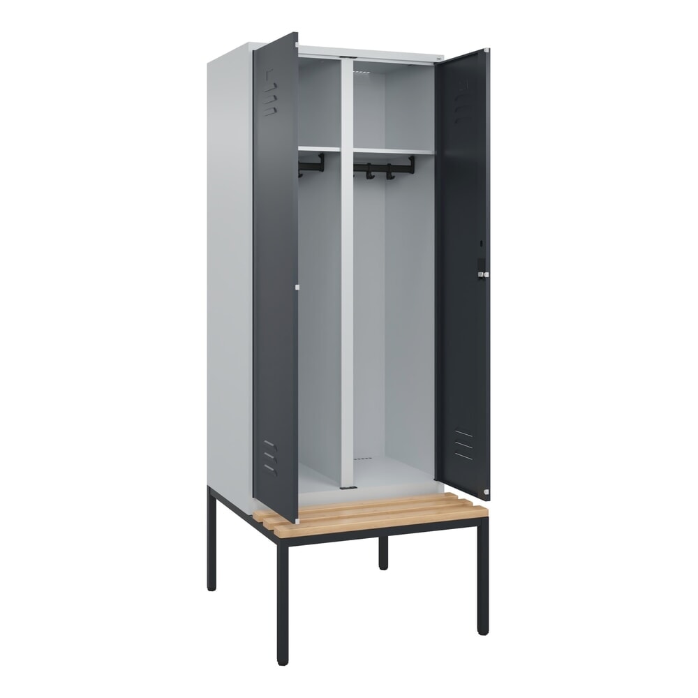C+P Schwarz-Weiß-Spind Classic PLUS, 2 Abteile, HxBxT 2.120 x 800 x 815 mm, Zylinderschloss, untergebaute Bank aus Buche, lichtgrau, anthrazitgrau
