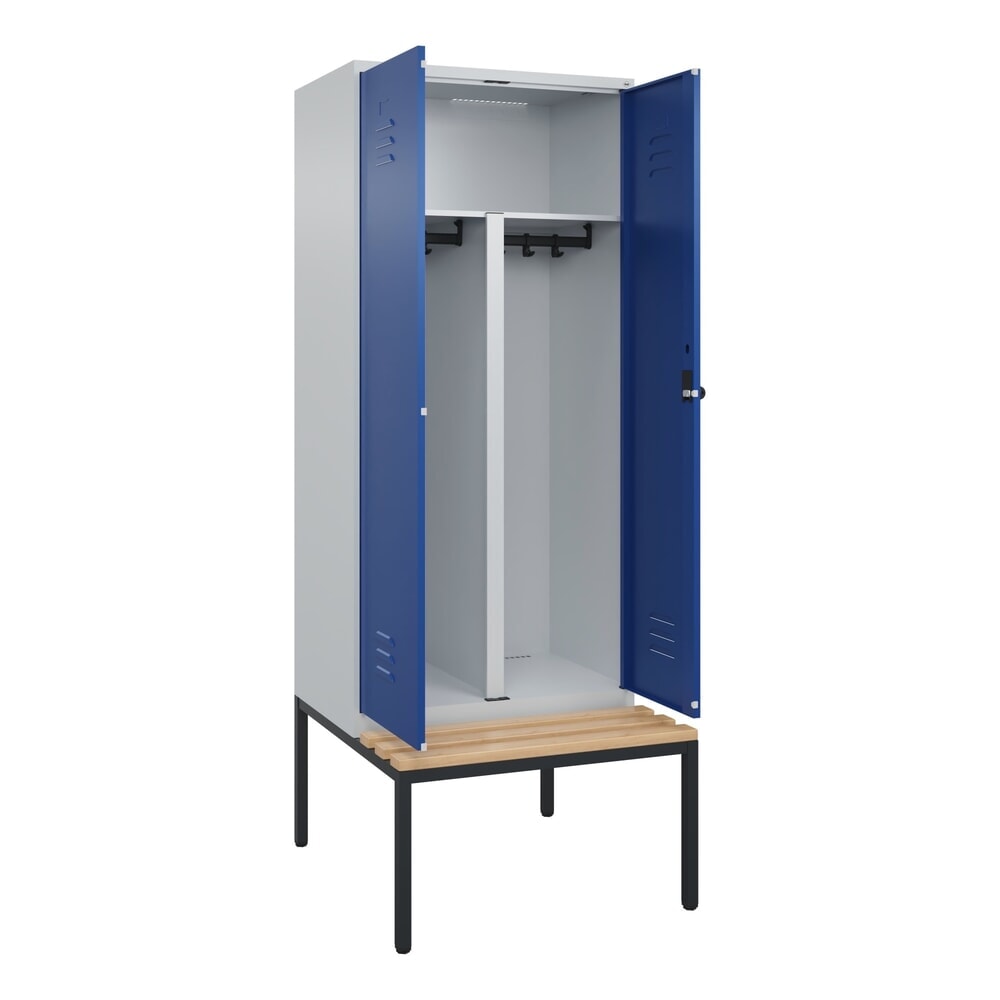 C+P PSA Doppel-Spind Classic PLUS, 2 Abteile, HxBxT 2.120 x 800 x 815 mm, für Vorhängeschloss, untergebaute Bank aus Buche, lichtgrau, enzianblau