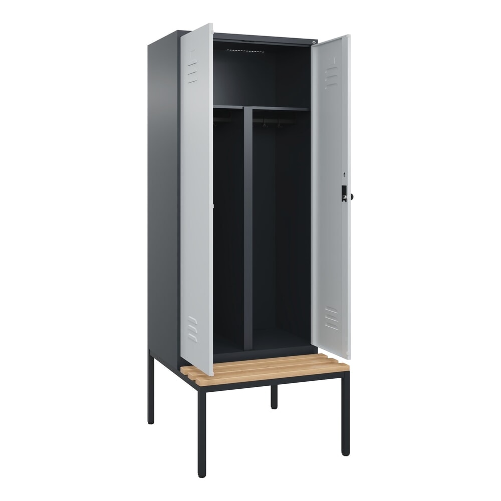 C+P PSA Doppel-Spind Classic PLUS, 2 Abteile, HxBxT 2.120 x 800 x 815 mm, für Vorhängeschloss, untergebaute Bank aus Buche, anthrazitgrau, lichtgrau