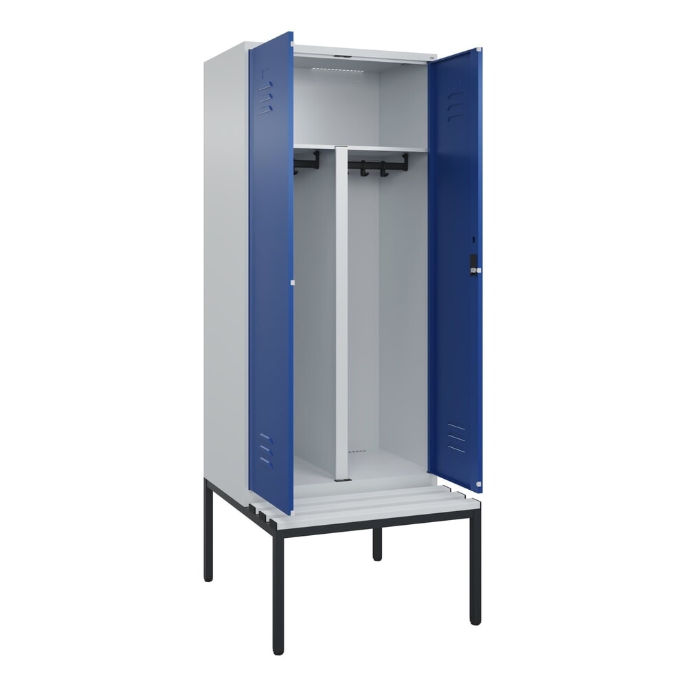 C+P PSA Doppel-Spind Classic PLUS, 2 Abteile, HxBxT 2.120 x 800 x 815 mm, Zylinderschloss, untergebaute Bank aus Kunststoff, lichtgrau, enzianblau