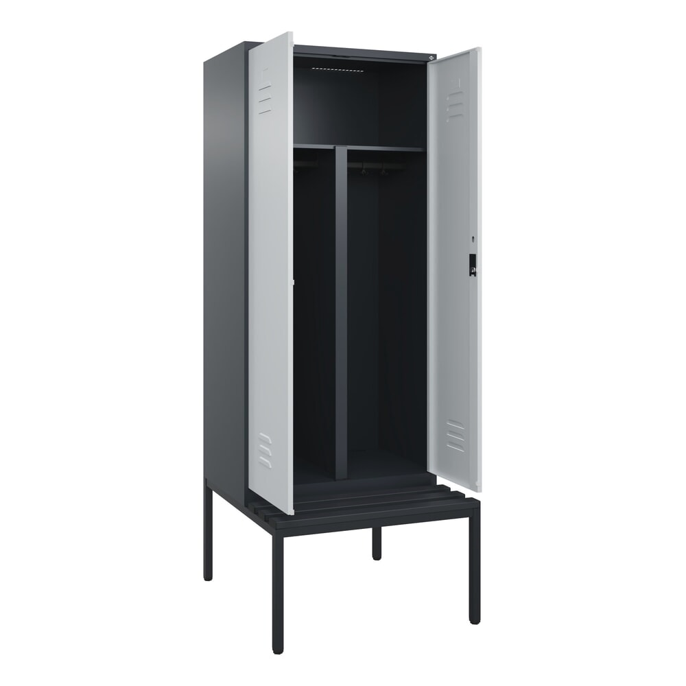 C+P PSA Doppel-Spind Classic PLUS, 2 Abteile, HxBxT 2.120 x 800 x 815 mm, Zylinderschloss, untergebaute Bank aus Kunststoff, anthrazitgrau, lichtgrau