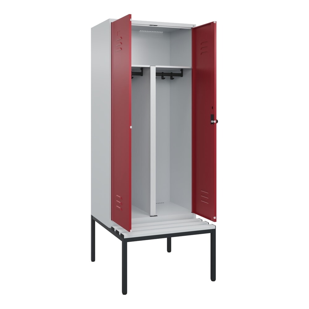 C+P PSA Doppel-Spind Classic PLUS, 2 Abteile, HxBxT 2.120 x 800 x 815 mm, für Vorhängeschloss, untergebaute Bank aus Kunststoff, lichtgrau, rubinrot