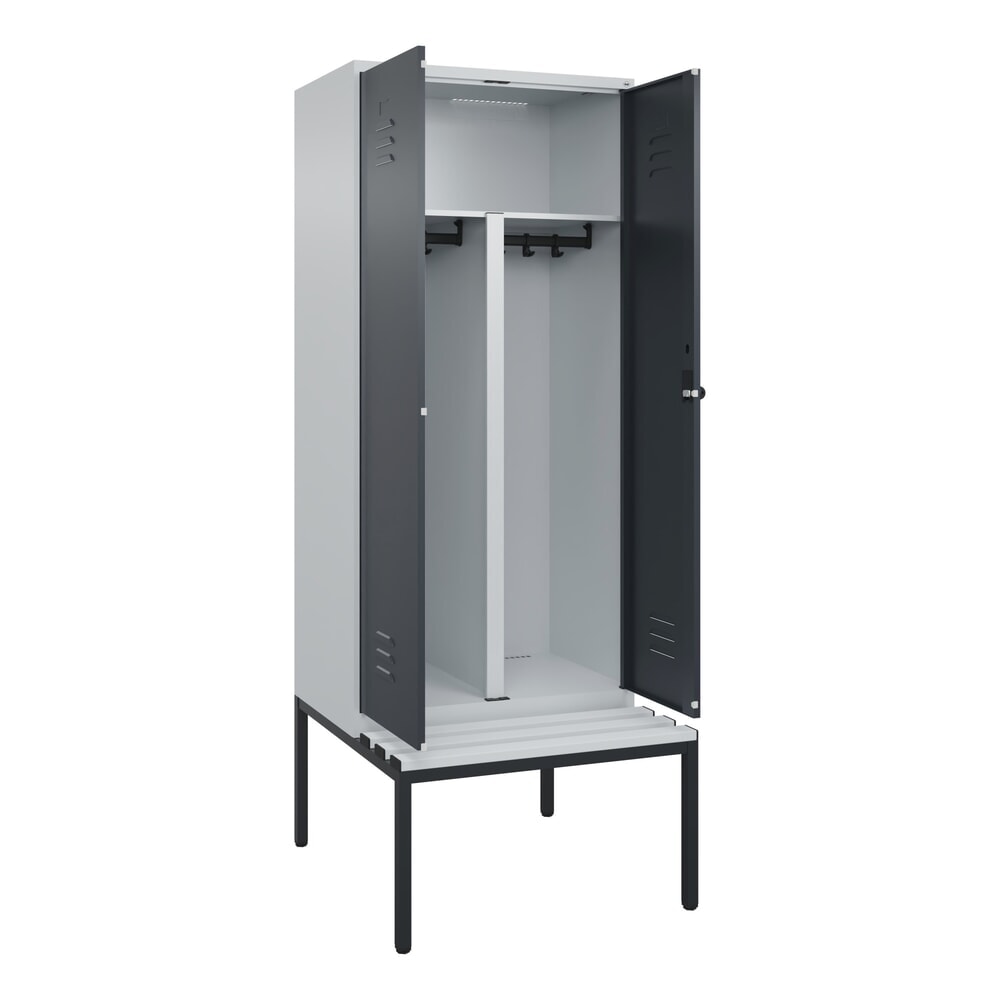 C+P PSA Doppel-Spind Classic PLUS, 2 Abteile, HxBxT 2.120 x 800 x 815 mm, für Vorhängeschloss, untergebaute Bank aus Kunststoff, lichtgrau, anthrazitgrau