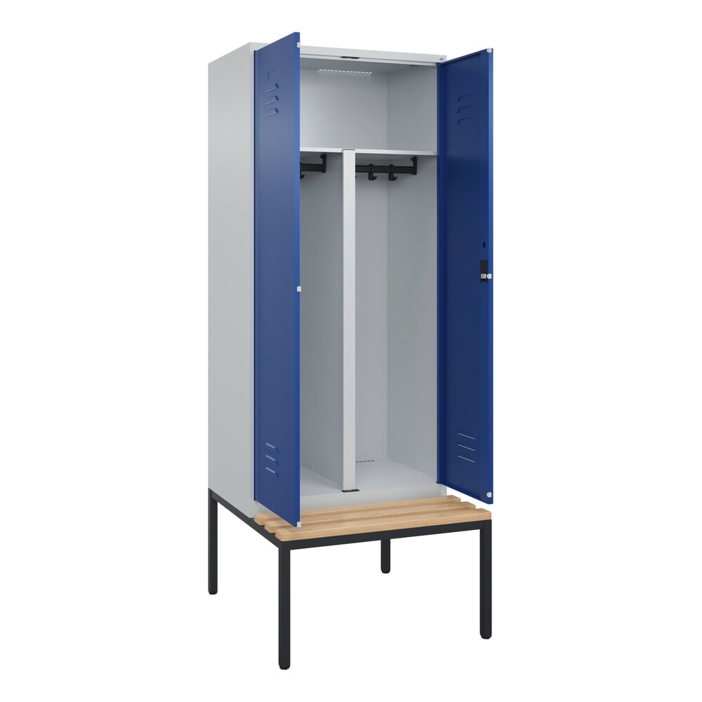 C+P PSA Doppel-Spind Classic PLUS, 2 Abteile, HxBxT 2.120 x 800 x 815 mm, Zylinderschloss, untergebaute Bank aus Buche, lichtgrau, enzianblau