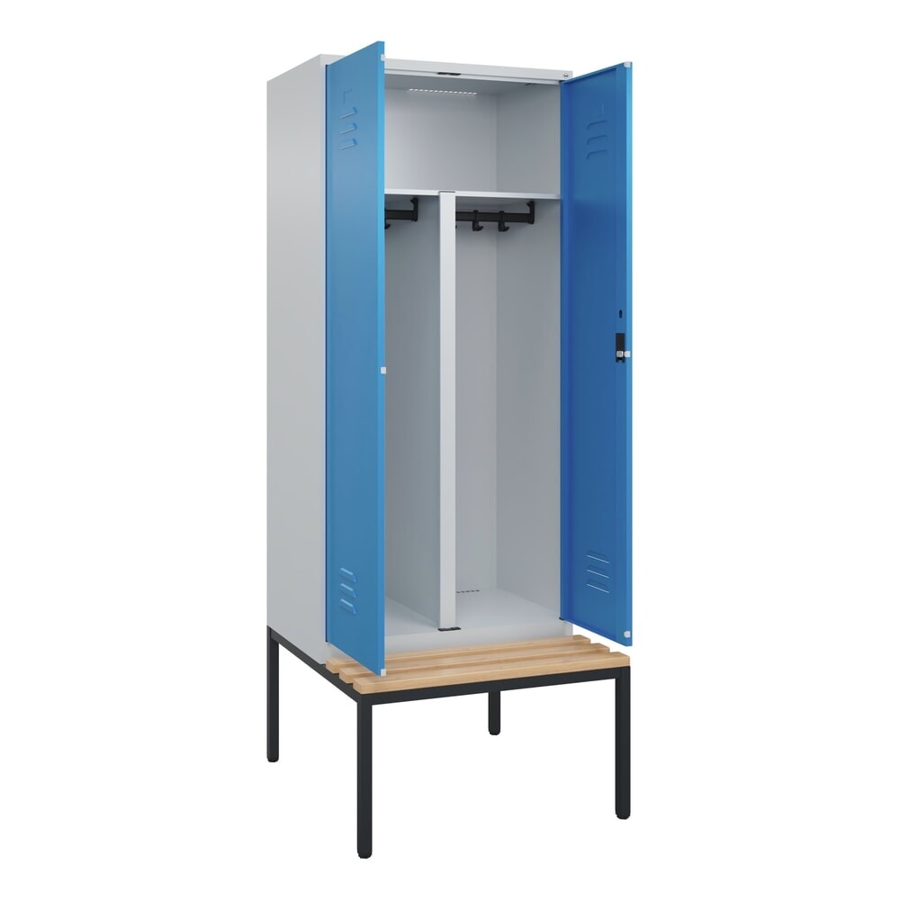 C+P PSA Doppel-Spind Classic PLUS, 2 Abteile, HxBxT 2.120 x 800 x 815 mm, Zylinderschloss, untergebaute Bank aus Buche, lichtgrau, lichtblau