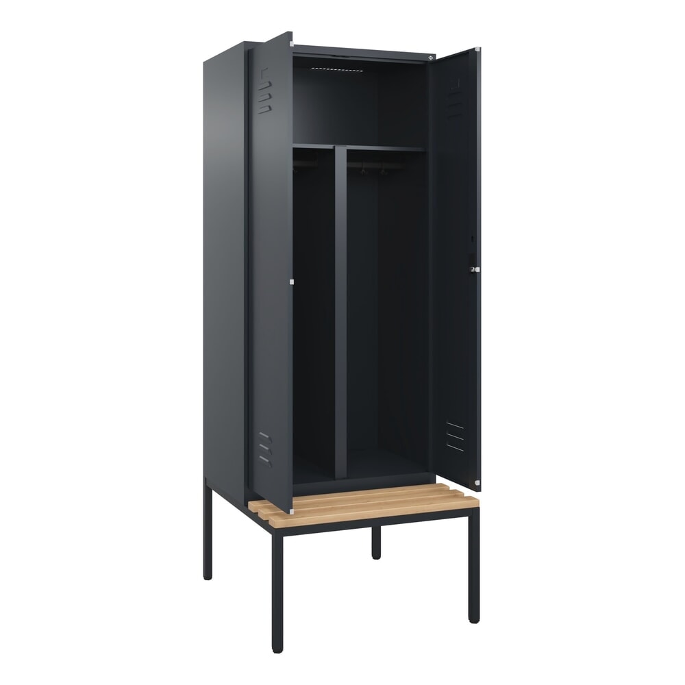 C+P PSA Doppel-Spind Classic PLUS, 2 Abteile, HxBxT 2.120 x 800 x 815 mm, Zylinderschloss, untergebaute Bank aus Buche, anthrazitgrau, anthrazitgrau