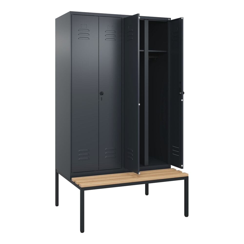 C+P Schwarz-Weiss-Spind Classic PLUS, 4 Abteile, HxBxT 2.120 x 1.200 x 815 mm, für Vorhängeschloss, untergebaute Bank aus Buche, anthrazitgrau, anthrazitgrau