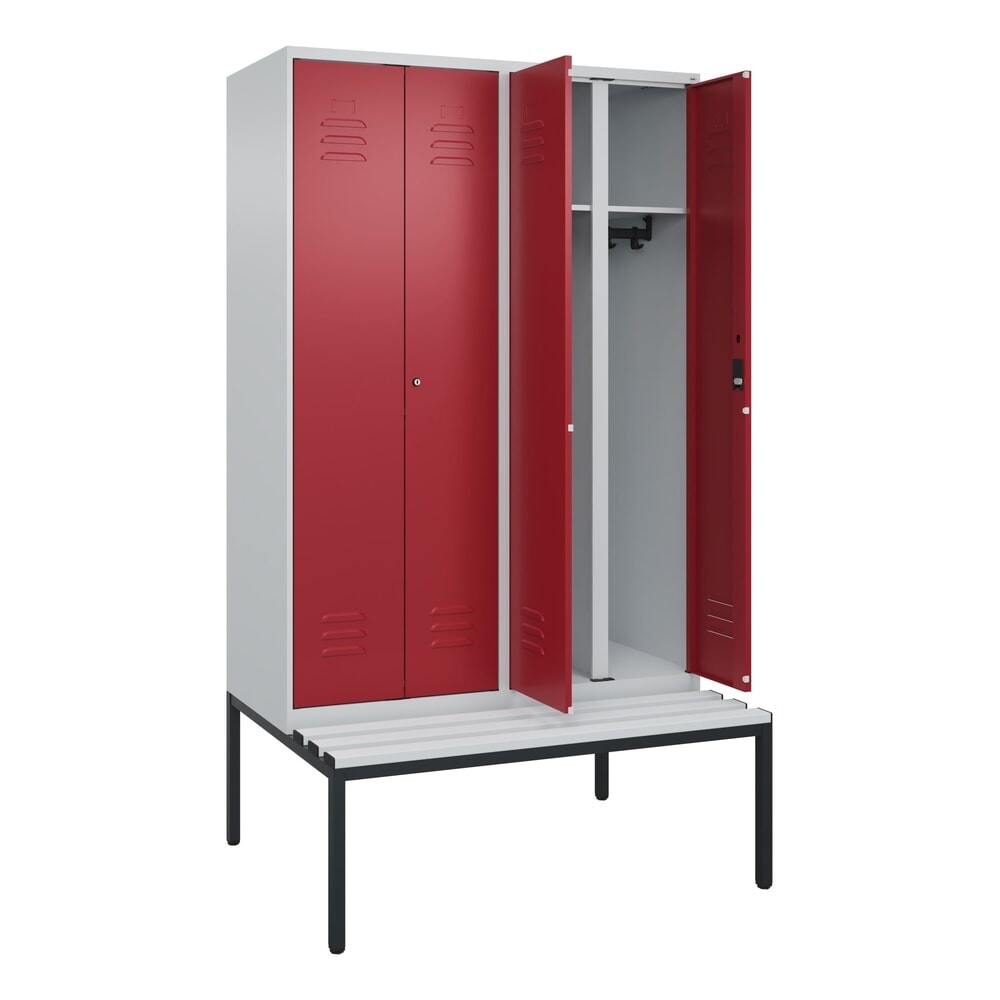 C+P Schwarz-Weiss-Spind Classic PLUS, 4 Abteile, HxBxT 2.120 x 1.200 x 815 mm, Zylinderschloss, untergebaute Bank aus Kunststoff, lichtgrau, rubinrot