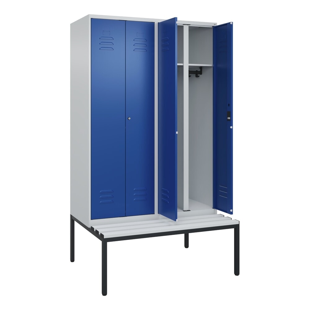 C+P Schwarz-Weiss-Spind Classic PLUS, 4 Abteile, HxBxT 2.120 x 1.200 x 815 mm, Zylinderschloss, untergebaute Bank aus Kunststoff, lichtgrau, enzianblau