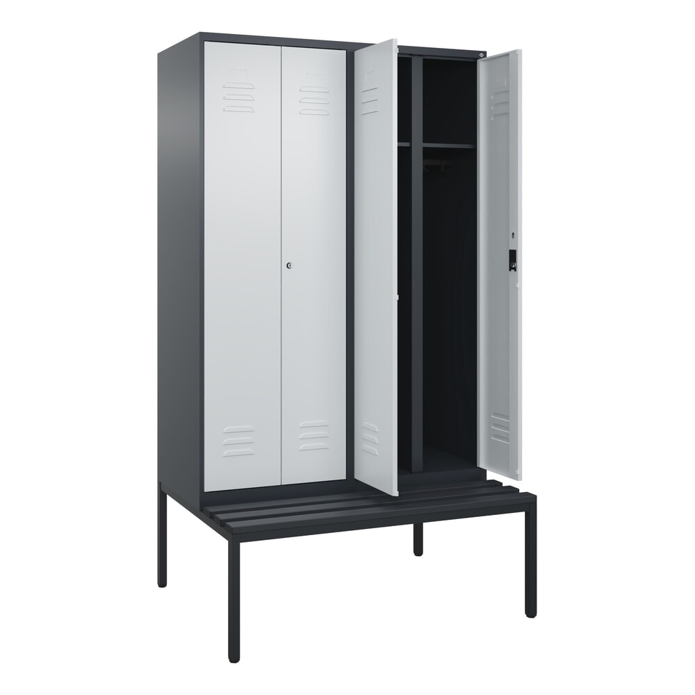 C+P Schwarz-Weiss-Spind Classic PLUS, 4 Abteile, HxBxT 2.120 x 1.200 x 815 mm, Zylinderschloss, untergebaute Bank aus Kunststoff, anthrazitgrau, lichtgrau