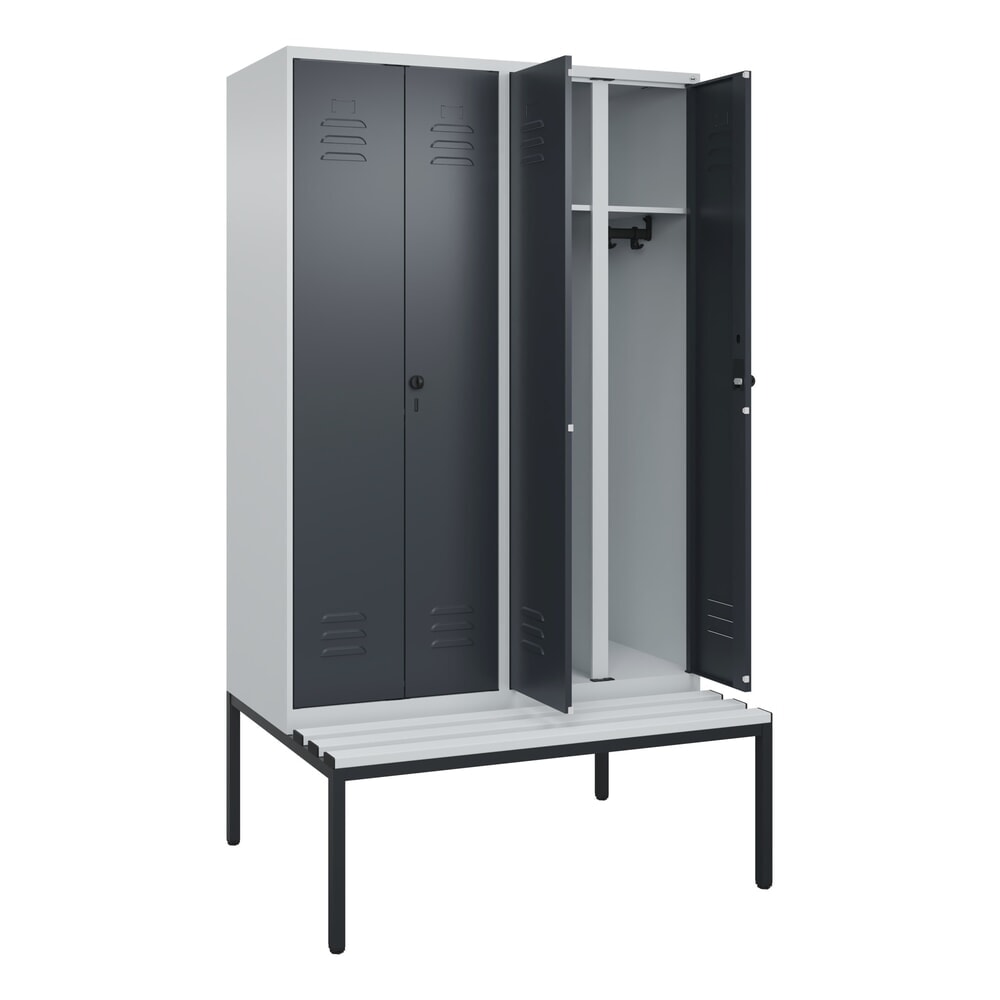 C+P Schwarz-Weiß-Spind Classic PLUS, 4 Abteile, HxBxT 2.120 x 1.200 x 815 mm, für Vorhängeschloss, untergebaute Bank aus Kunststoff, lichtgrau, anthrazitgrau