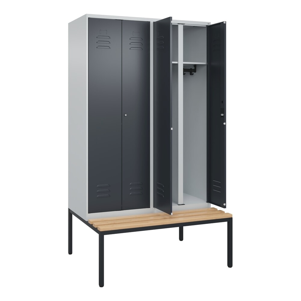 C+P Schwarz-Weiss-Spind Classic PLUS, 4 Abteile, HxBxT 2.120 x 1.200 x 815 mm, Zylinderschloss, untergebaute Bank aus Buche, lichtgrau, anthrazitgrau