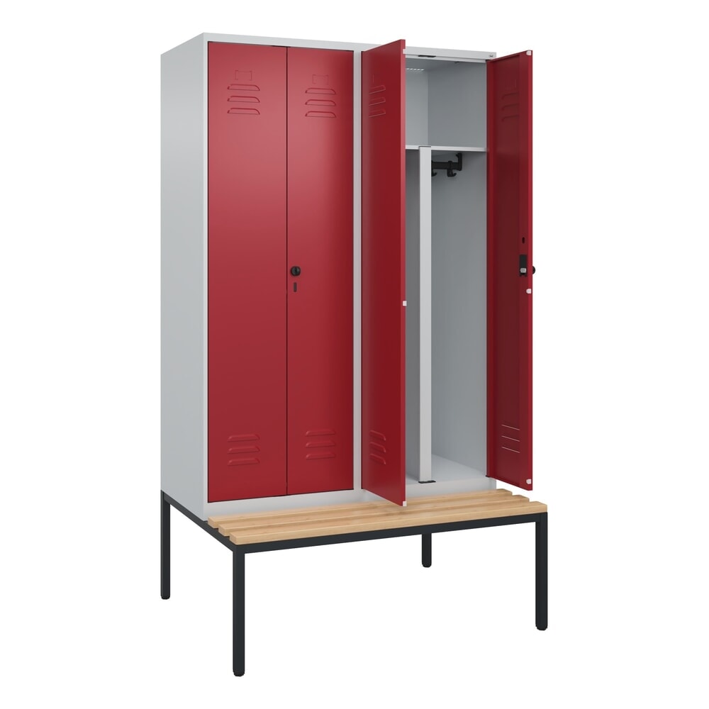 C+P PSA Doppel-Spind Classic PLUS, 4 Abteile, HxBxT 2.120 x 1.200 x 815 mm, für Vorhängeschloss, untergebaute Bank aus Buche, lichtgrau, rubinrot