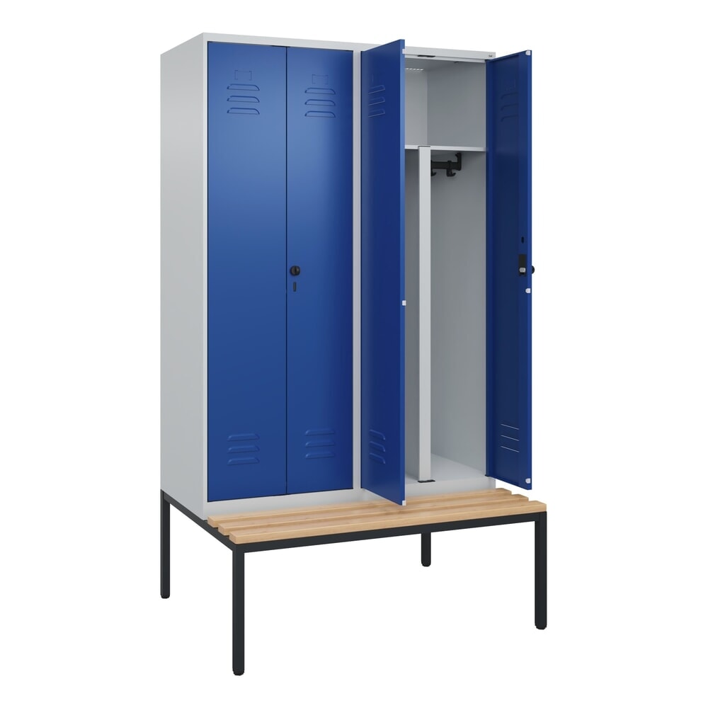 C+P PSA Doppel-Spind Classic PLUS, 4 Abteile, HxBxT 2.120 x 1.200 x 815 mm, für Vorhängeschloss, untergebaute Bank aus Buche, lichtgrau, enzianblau