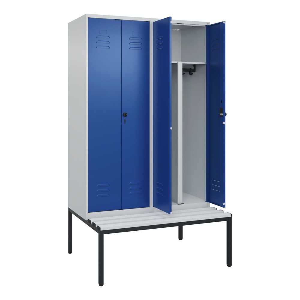 C+P PSA Doppel-Spind Classic PLUS, 4 Abteile, HxBxT 2.120 x 1.200 x 815 mm, für Vorhängeschloss, untergebaute Bank aus Kunststoff, lichtgrau, enzianblau