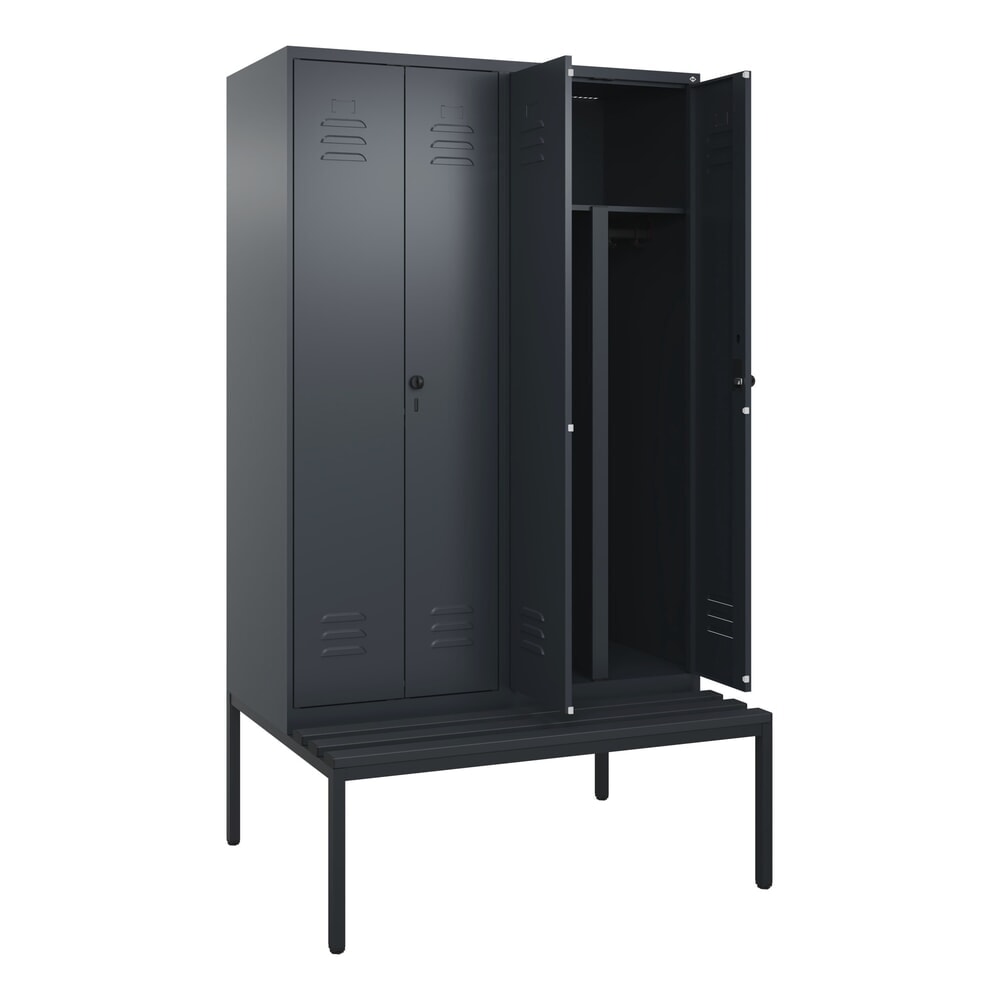 C+P PSA Doppel-Spind Classic PLUS, 4 Abteile, HxBxT 2.120 x 1.200 x 815 mm, für Vorhängeschloss, untergebaute Bank aus Kunststoff, anthrazitgrau, anthrazitgrau