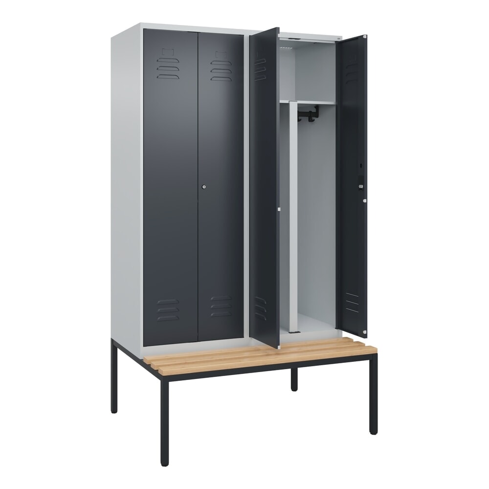 C+P PSA Doppel-Spind Classic PLUS, 4 Abteile, HxBxT 2.120 x 1.200 x 815 mm, Zylinderschloss, untergebaute Bank aus Buche, lichtgrau, anthrazitgrau