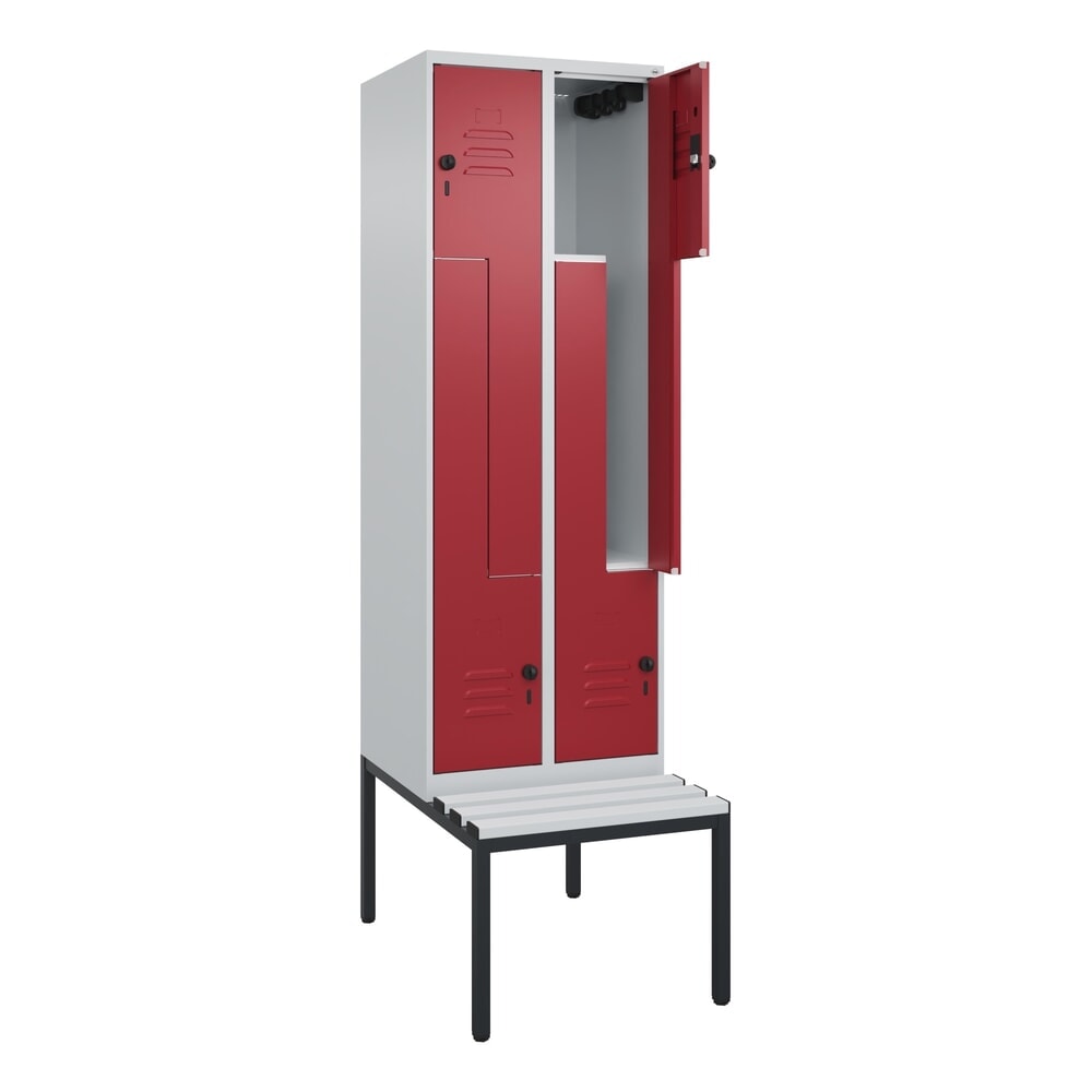 C+P Z-Spind Classic PLUS, 4 Abteile, HxBxT 2.120 x 600 x 815 mm, für Vorhängeschloss, untergebaute Bank aus Kunststoff, lichtgrau, rubinrot