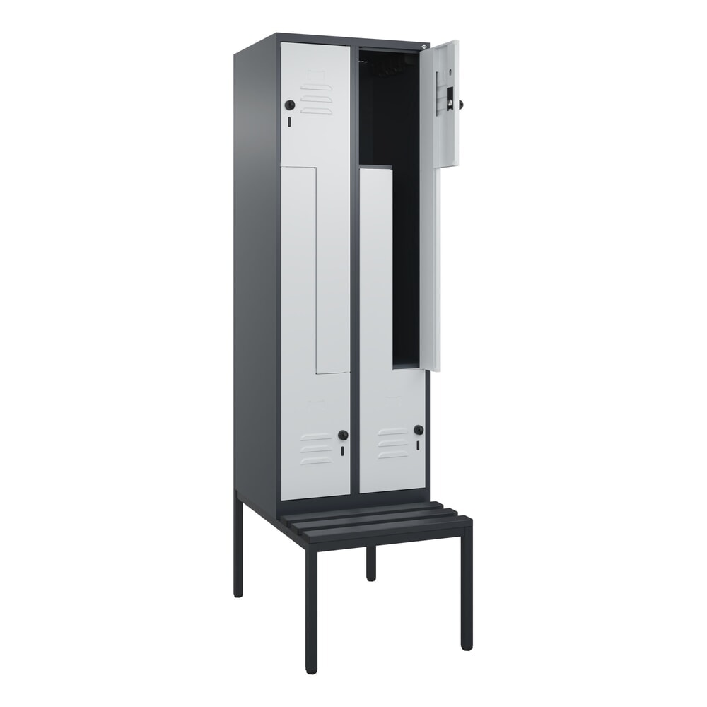 C+P Z-Spind Classic PLUS, 4 Abteile, HxBxT 2.120 x 600 x 815 mm, für Vorhängeschloss, untergebaute Bank aus Kunststoff, anthrazitgrau, lichtgrau