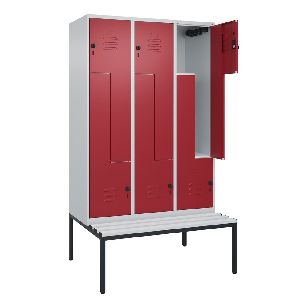 C+P Z-Spind Classic PLUS, 6 Abteile, HxBxT 2.120 x 1.200 x 815 mm, für Vorhängeschloss, untergebaute Bank aus Kunststoff, lichtgrau, rubinrot