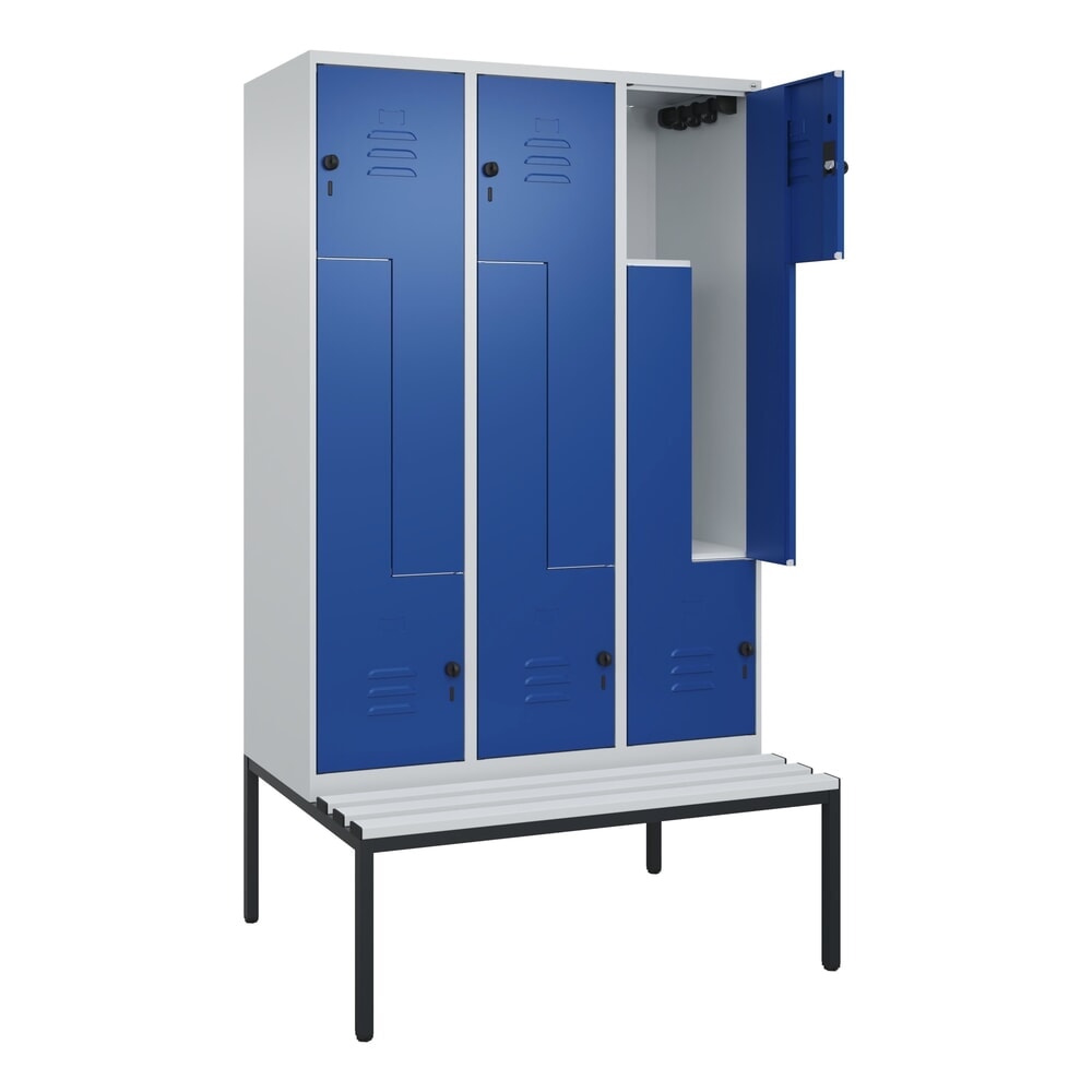 C+P Z-Spind Classic PLUS, 6 Abteile, HxBxT 2.120 x 1.200 x 815 mm, für Vorhängeschloss, untergebaute Bank aus Kunststoff, lichtgrau, enzianblau