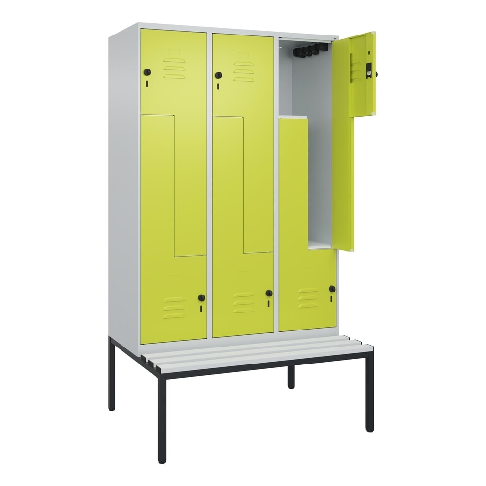 C+P Z-Spind Classic PLUS, 6 Abteile, HxBxT 2.120 x 1.200 x 815 mm, für Vorhängeschloss, untergebaute Bank aus Kunststoff, lichtgrau, clowngrün