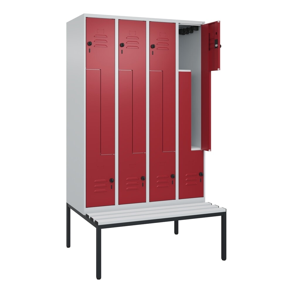 C+P Z-Spind Classic PLUS, 8 Abteile, HxBxT 2.120 x 1.200 x 815 mm, für Vorhängeschloss, untergebaute Bank aus Kunststoff, lichtgrau, rubinrot