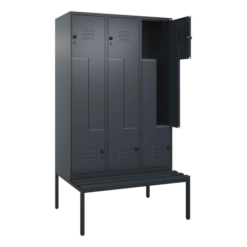 C+P Z-Spind Classic PLUS, 6 Abteile, HxBxT 2.120 x 1.200 x 815 mm, für Vorhängeschloss, untergebaute Bank aus Kunststoff, anthrazitgrau, anthrazitgrau