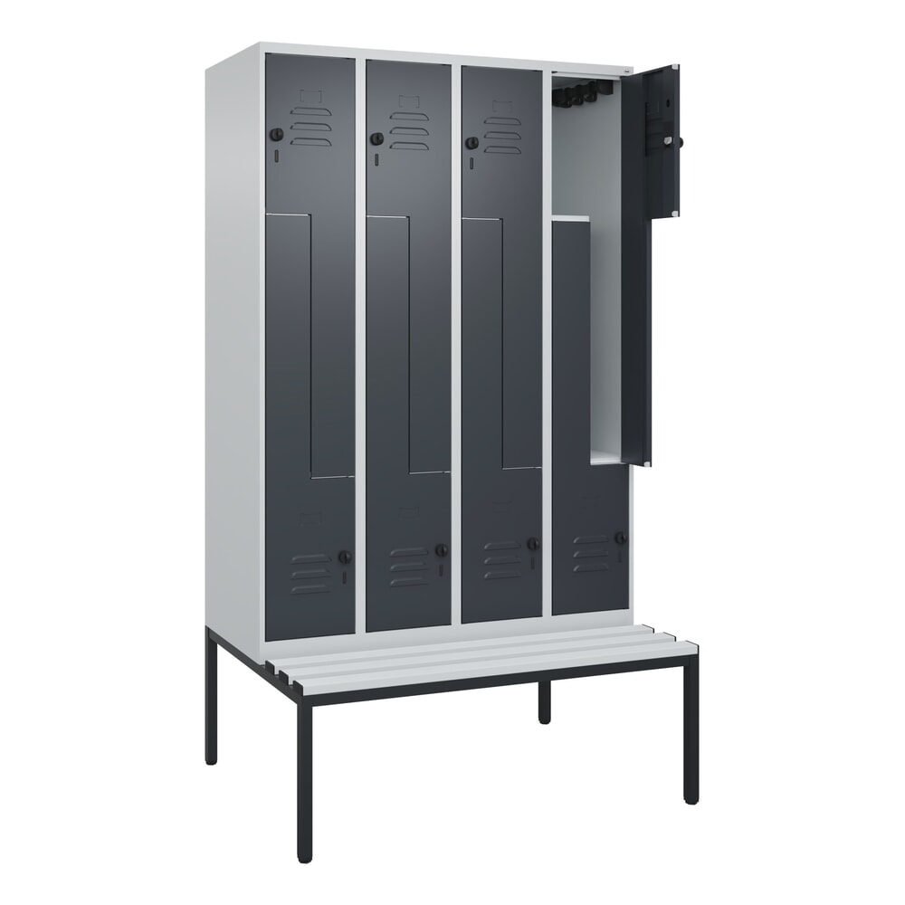 C+P Z-Spind Classic PLUS, 8 Abteile, HxBxT 2.120 x 1.200 x 815 mm, für Vorhängeschloss, untergebaute Bank aus Kunststoff, lichtgrau, anthrazitgrau