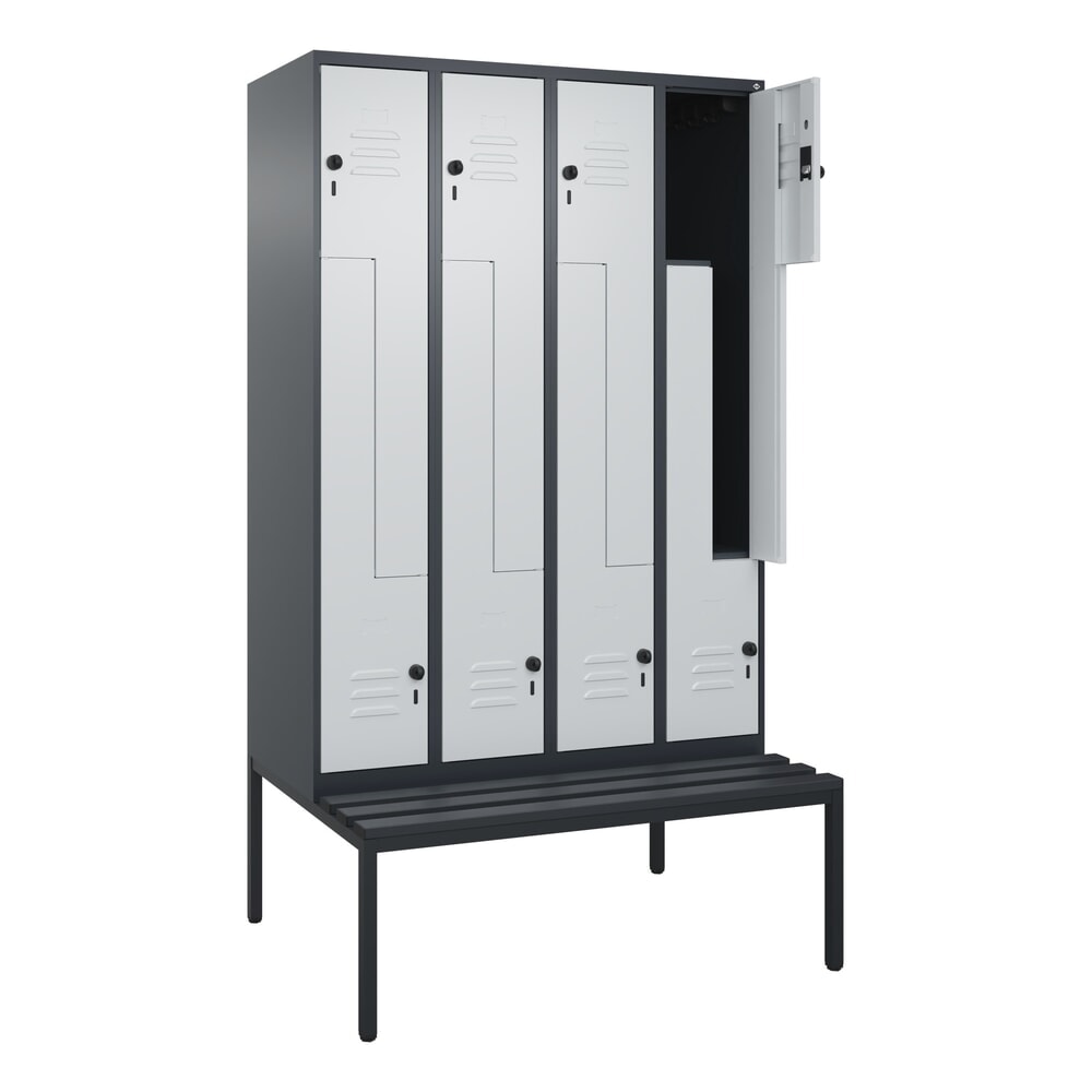 C+P Z-Spind Classic PLUS, 8 Abteile, HxBxT 2.120 x 1.200 x 815 mm, für Vorhängeschloss, untergebaute Bank aus Kunststoff, anthrazitgrau, lichtgrau